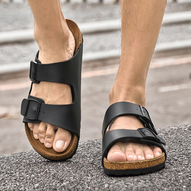 Fashion Male Soft Flats Comfortable Bottom Slippers Summer Beach Sandals Classic Double Button Slippers Leather Soft Walking Half Drag