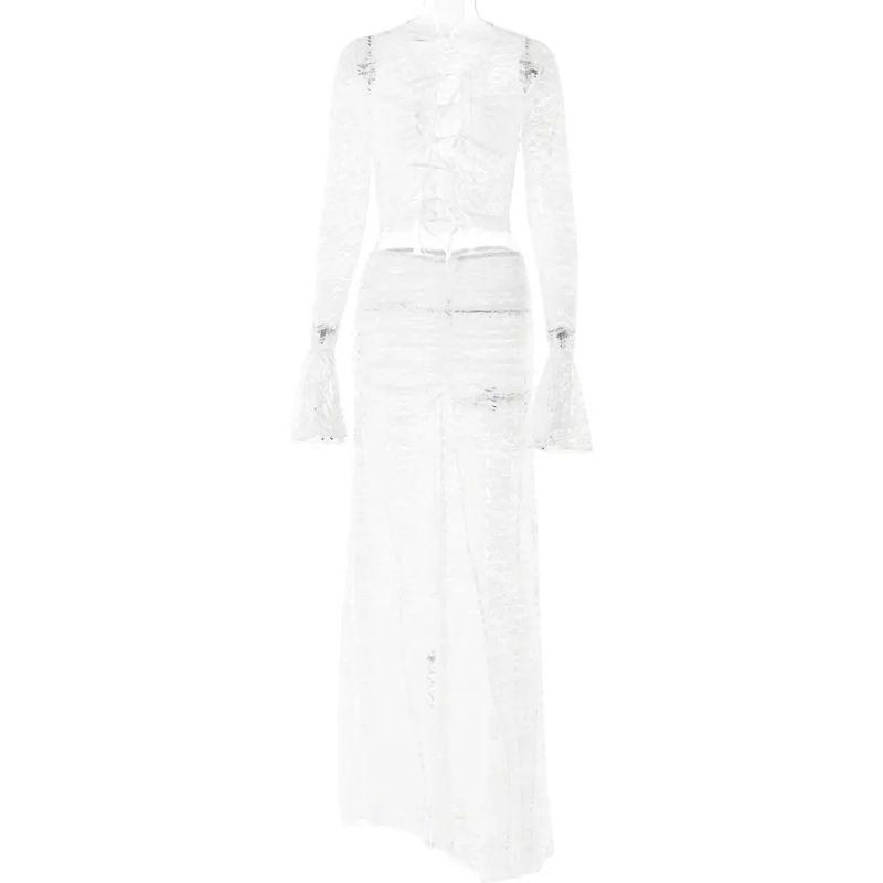 

Long Skirt Set European and American Lace Perspective Two-piece Set Gyaru Versitile Fashion Bandage High Waist Long dress Set White(Perspective) L