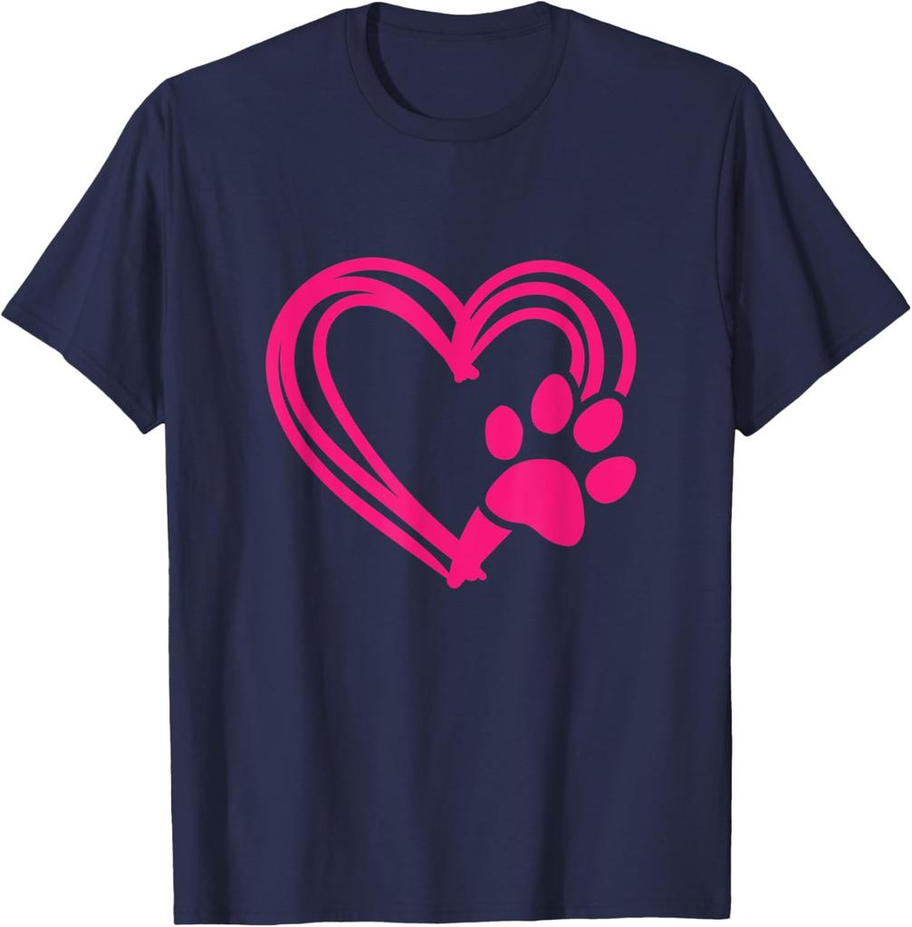 Pink Paw Print Heart Graphic Tee Casual Cotton Short Sleeve TShirt for Dog Lovers