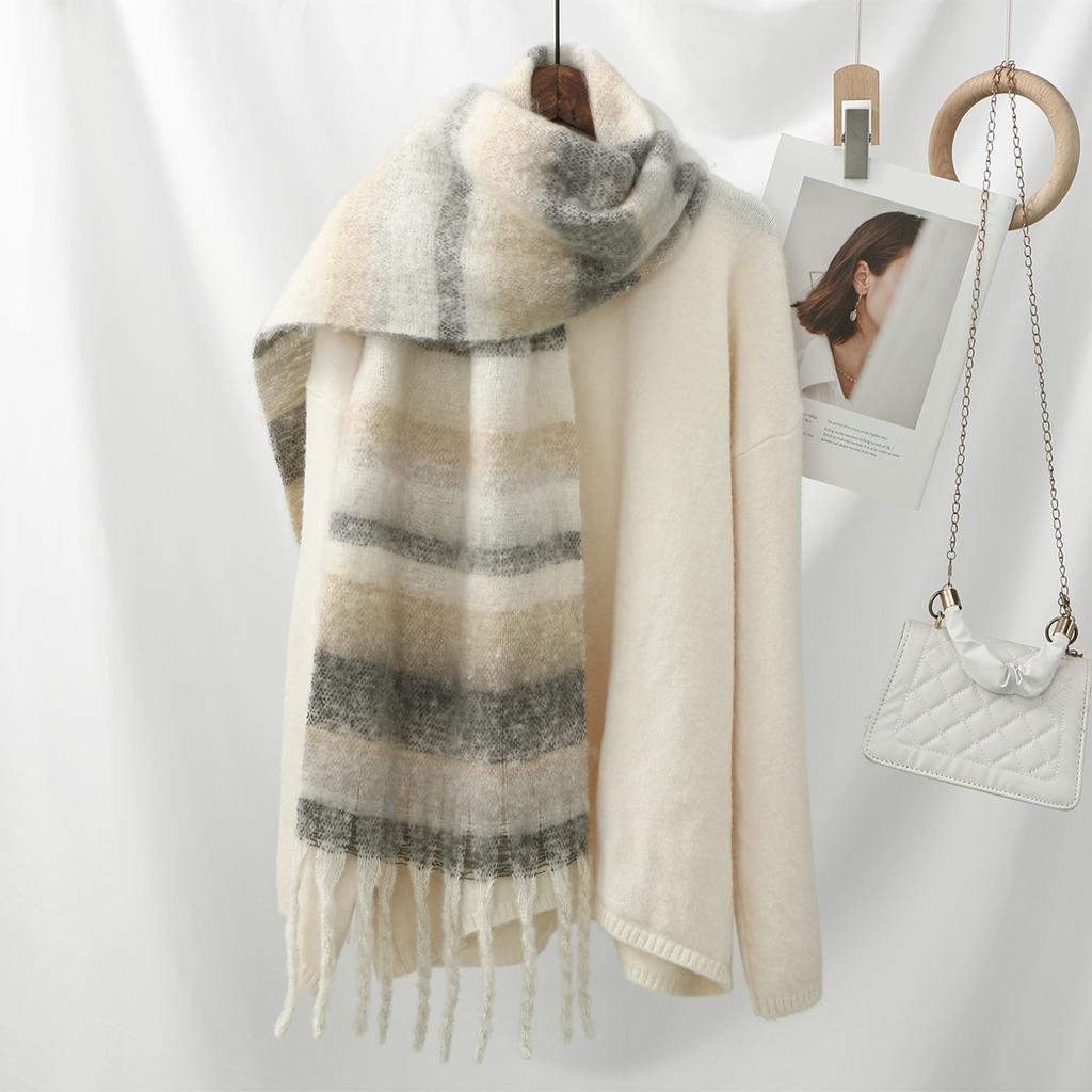 Korean Fringe Plaid Cashmere Scarf Shawl Women Warm Thick Mohair Scarf Pashmina Fashionable Soft Tassel Scarf Neck Protection
