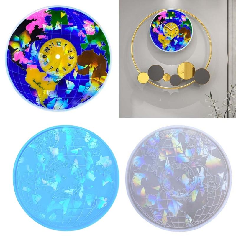 Holographic Earth Clock Silicone Mold DIY Round Clock Pendant Mold Epoxy Resin Mold for Making Crafts Decoration