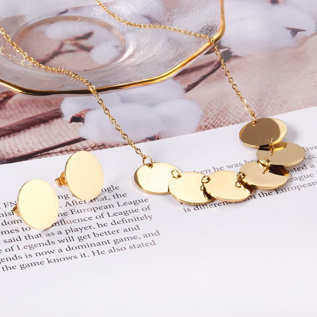 LUXUKISSKIDS Stainless Steel Round Paillettes Trendy Necklaces Earrings Sets Jewelry Set Gold/Silver Color For Lovers Woman Gift