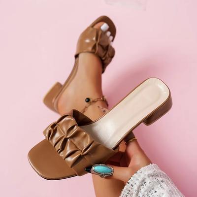 Women Summer New Chunky Heel Slippers Fashion Pleated Square Toe  Women Sandals Casual Elegant Ladies Dress Sandals Women Shoes