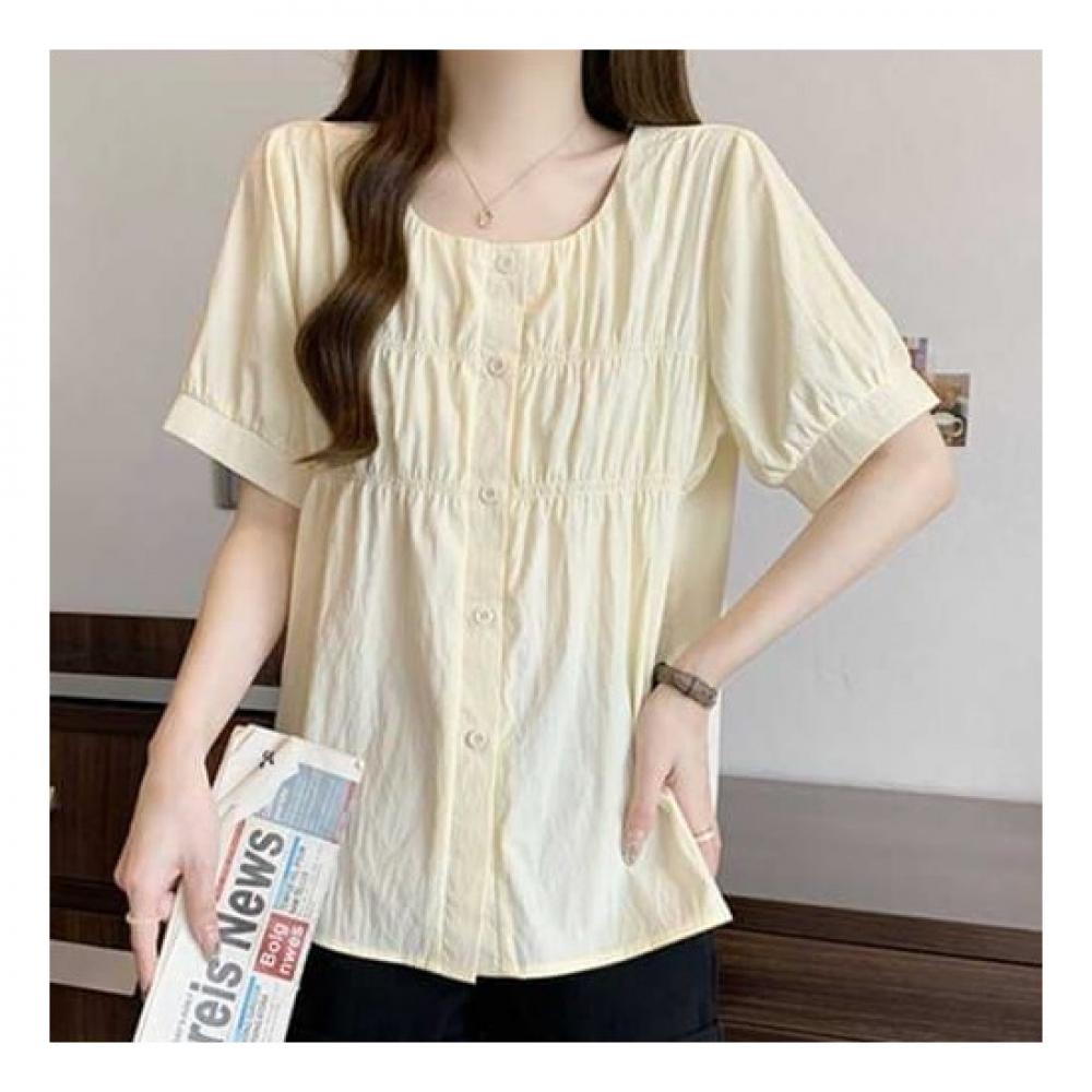 Navava Women Romantic Pastel Shirring Round Neck Short Sleeve Blouse Nb2243