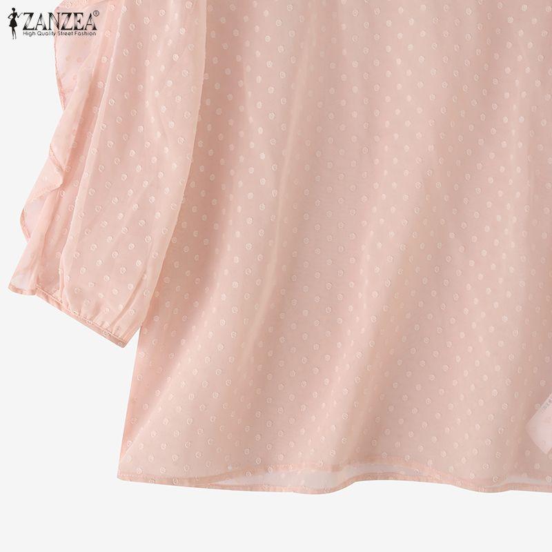 ZANZEA Womens Casual Ruffles Splice 3/4 Sleeve Summer Sheer Cover Up Blouse