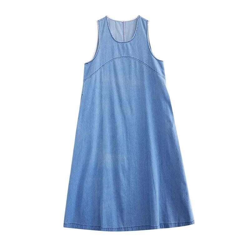 Plus Size Sleeveless Denim Vest Dress - Sweet, Casual, Blue Long Dress for Women