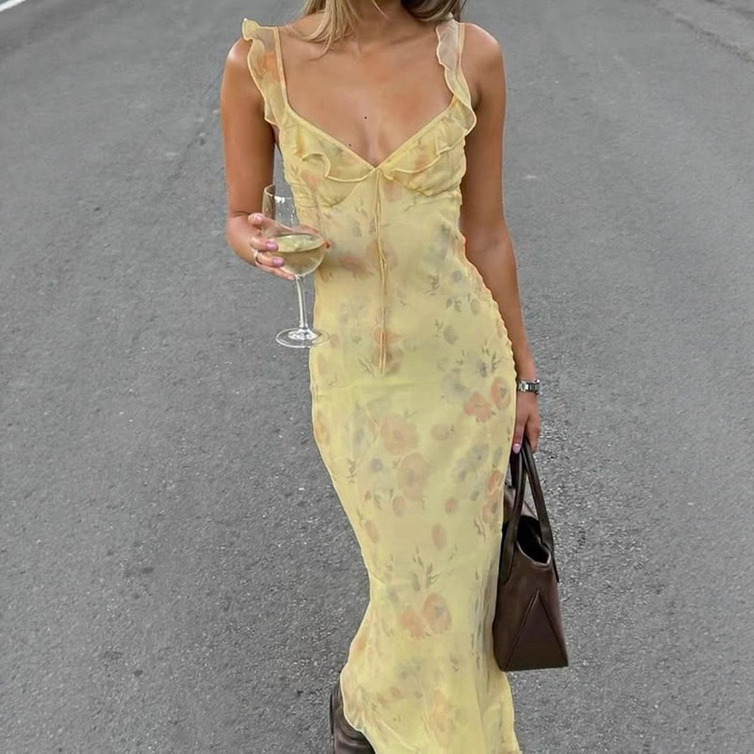 

Sleeveless Floral Printed Sweet Suspender Dress Bright Light Yellow Lace-up Ruffled Long Dress Stylish Low Cut Party Ladies Bodycon Dresses S