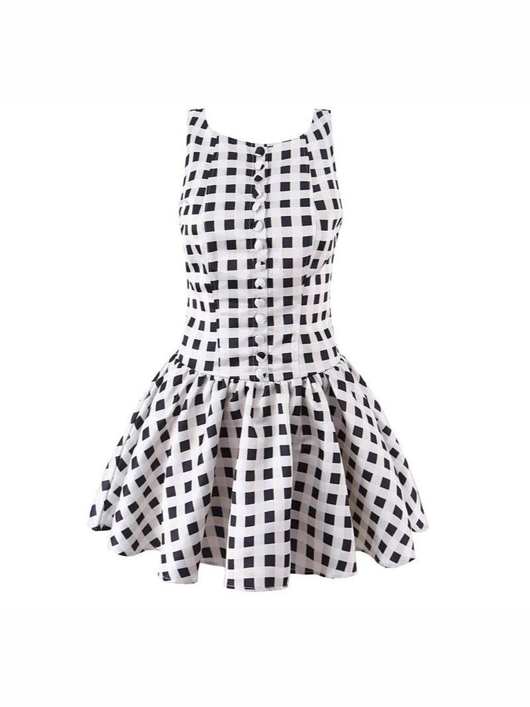 Sweet & Spicy Plaid A-line U-neck Sleeveless Dress with Waist-cinching Single-breasted Detail