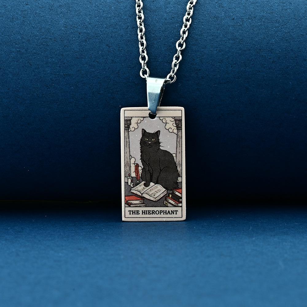 Stainless Steel Cat Tarot Card Necklace for Men Women Animal Divination Jewelry Accessory