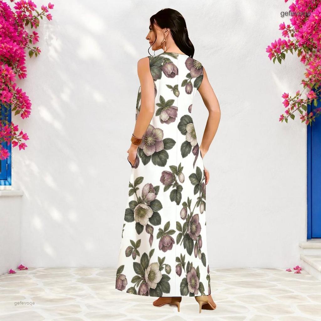 Women Plus Size Notch Neck Sleeveless Floral Printed A Line White Maxi Dress