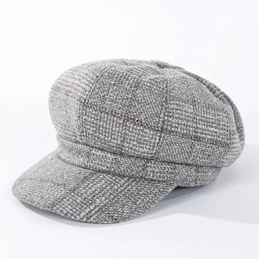 Women's Vintage Octagonal Beret, Newsboy Hat, Casual Imitation Woolen, Plaid, New Fashion, 2024