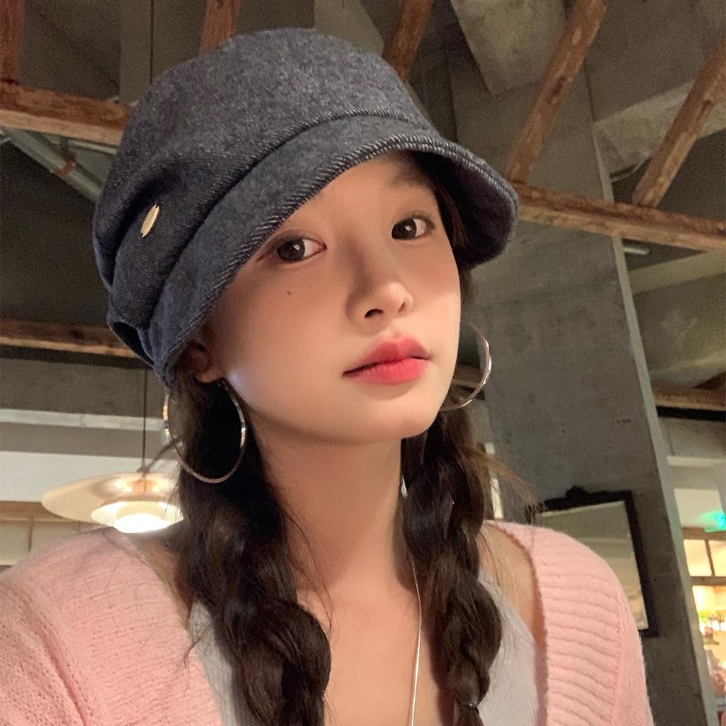 Retro Plissee Baskenmütze Damen Herbst und Winter Vielseitige Schiebermütze Zeigt Gesicht Klein Achteckige Malermütze