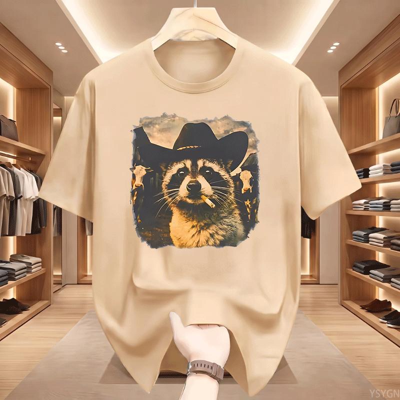 Funny Cowboy Raccoon Unisex Unisex Tshirt Animal Meme Graphic Tee Vintage Comfortable Short Sleeve Loose Tees Streetwear Tops