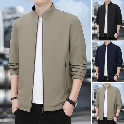 Chaqueta de Hombre Otoño Invierno Cuello Alto Cremallera Superficie Lisa Color Sólido Holgada Fina con Bolsillos con Cremallera