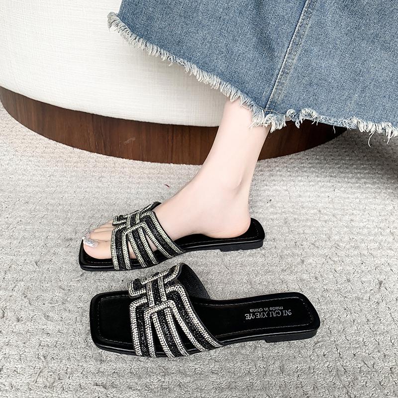 Damen Strass-Slipper Modische Rutschfeste Strandschuhe Sommer Outdoor Hausschuhe Bequeme Flache Sandalen mit Quadratischem Absatz Slides Damen