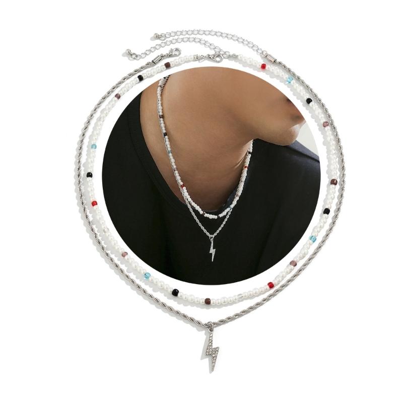 Bolt/Star Pendant Choker Layered Necklace Imitation Pearls Bead Neckchain for Women Girls Fashionable Jewelry Gift
