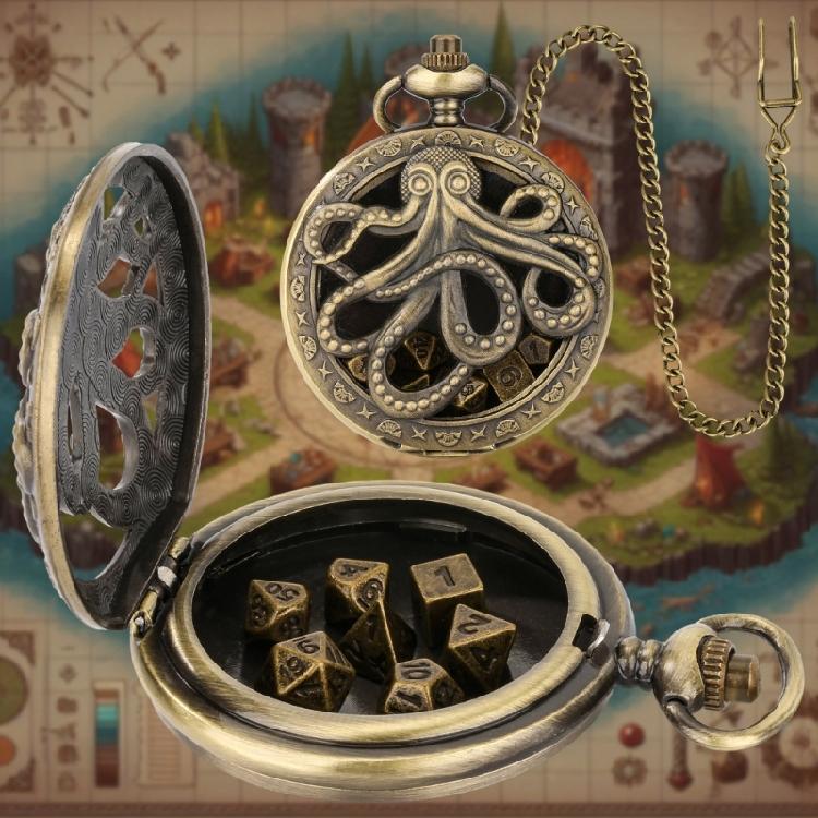 Unique Pocket Watch Case with 7pcs/set Metal Polyhedral Dices Pendant Fob Chain