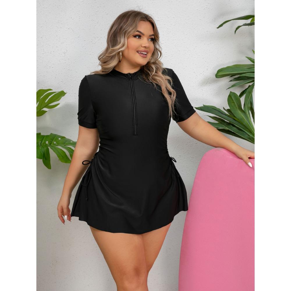 Women's Plus Size Split Swimsuit European and American Drawstring Briefs Zipper Swimwear