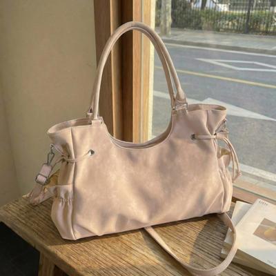 Koreanische weiche Ledertasche Große Kapazität Kordelzug Seiten-Design Damen-Schultertasche Mit Abnehmbarem Crossbody-Gurt Für Pendler