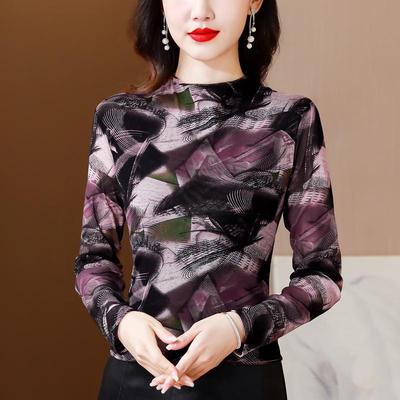 2025 Spring Retro Contrast Color Mesh Long Sleeve Half-High Neck Pullover Top