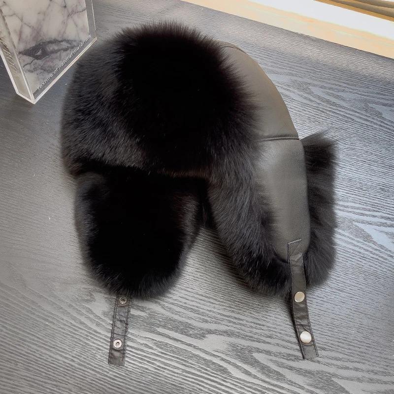 

Зимові теплі шапки з натурального хутра лисиці для захисту вух Жіноча шапка-бомбер з натуральної шкіри, вітрозахисна, тепла, з хутра лисиці, потовщена шапка з овчини 56cm-58cm чорний