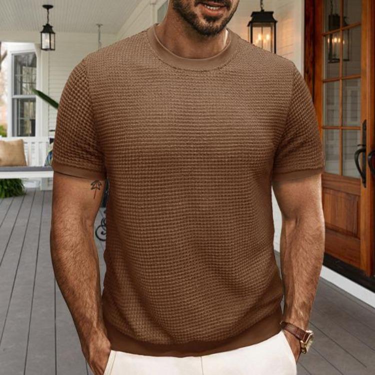 Summer Slim Fit Ribbed Elastic T-shirt Men Casual Knitted Round Neck Short Sleeves Pullover Solid Color Daily Tops Clothes