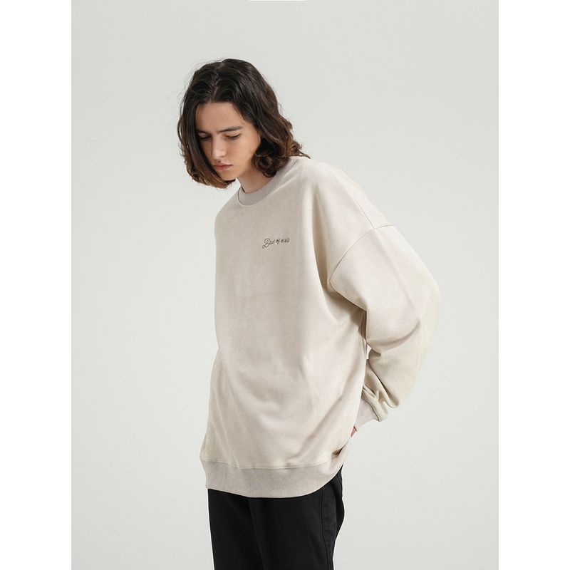 Blackofexit Chinese Style Faux Suede Embroidered Crew Neck Sweatshirt High Street Style Simple High-End Top for Men and Women