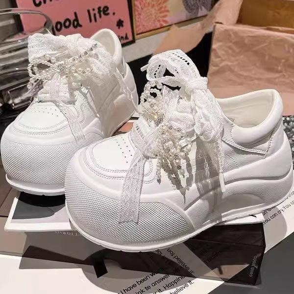 Korean Version of Genuine Leather Big Head Lace Bow Pearl Bread Shoes Platform Muffin Small 6cm Casual Board Shoes Women