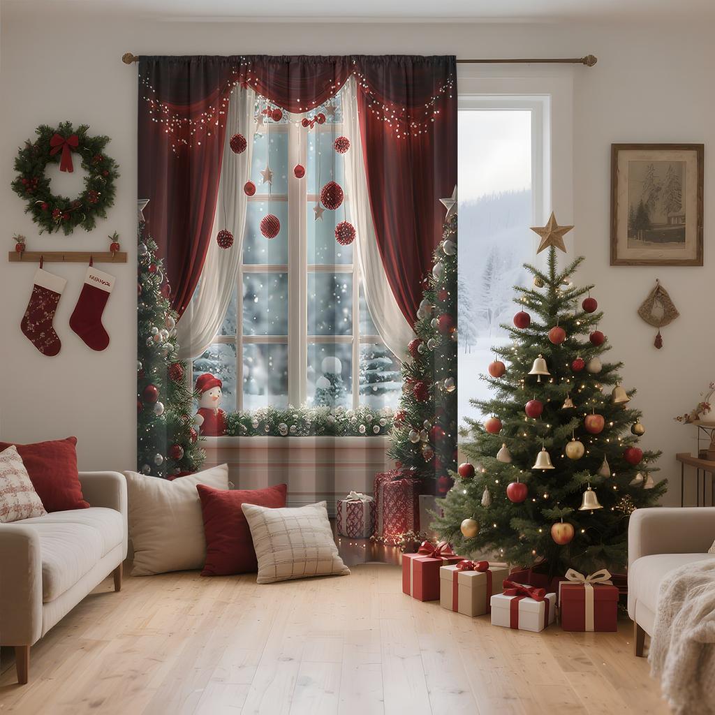 Single Panel Christmas Window Scenery Decoration Curtain Made Polyester Fiber Design Suitable Holiday Parties Winter Celebrations Decorations Of With