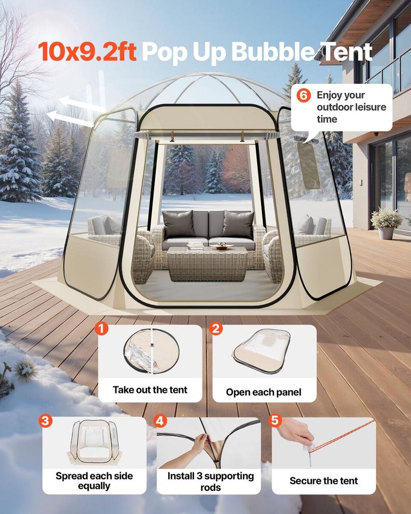 Pop up Bubble Tent, 3.05 x 2.75 m Waterproof & UV-Resistant, Clear Camping Tent Shelter, Outdoor Garden Dome Igloo Tents with Windows, 540° Panoramic
