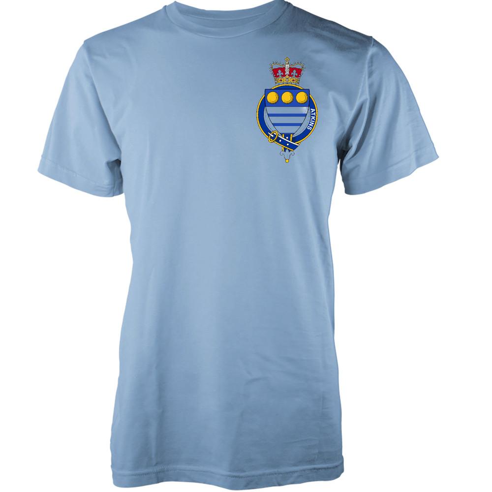 

Personalised Family Name Atkins T-Shirt Family Crest Badge Coat Of Arms Adult M