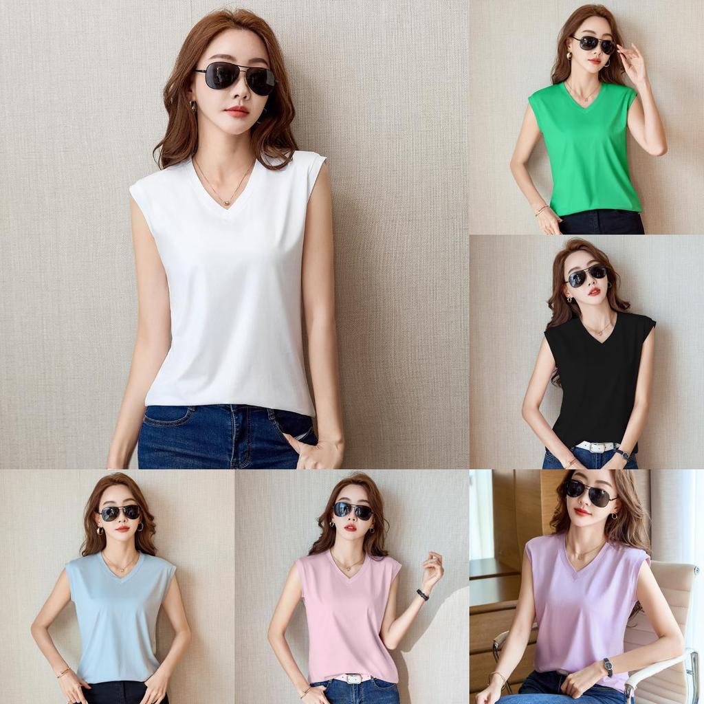 Silk Cotton Sleeveless Vneck T Shirt For Women With Breathable Fabric Summer Casual Wear