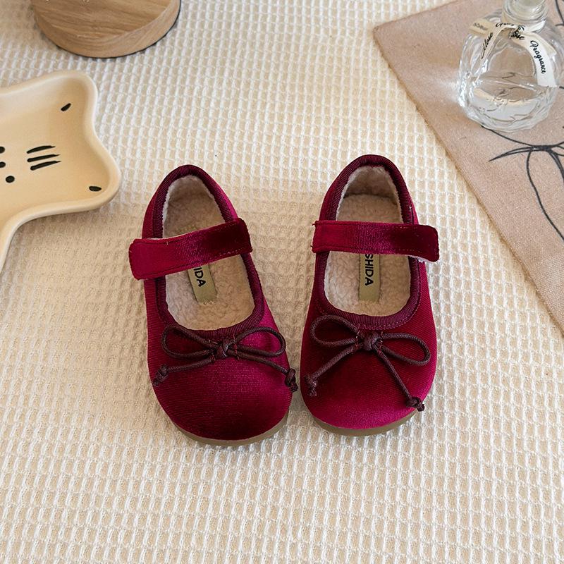 Autumn/Winter Girls' Bow Cotton Baby Flats, Versatile Velvet Low-Cut Princess Shoes