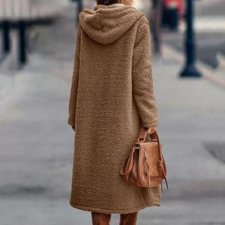 Warm Winter Coat for Women Thick Woolen Mid Calf Overcoat with Hooded Hat Long Sleeve Solid Color Outdoor Lady Jacket