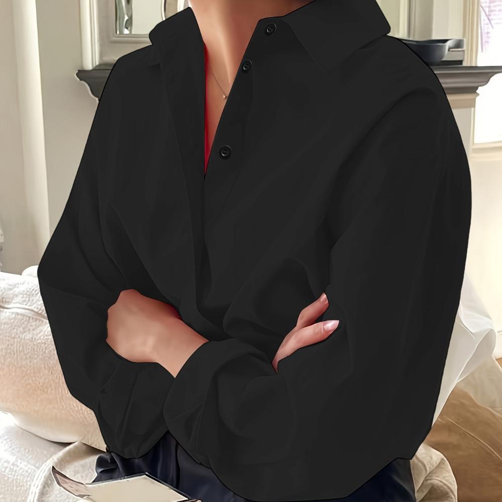 Women's Minimalist Loose Turn Down Collar Blouse Solid Color Long Sleeve Shirt Casual Commute Wear Tops