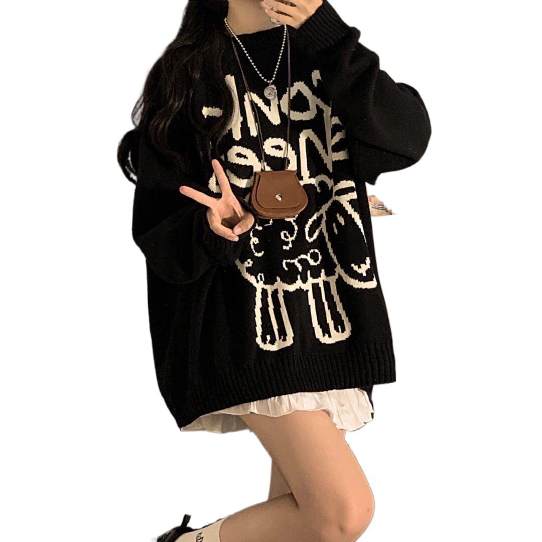 

Милый мультфильм овца женский свитер с круглым вырезом вязаные пуловеры черная зимняя одежда женские топы S