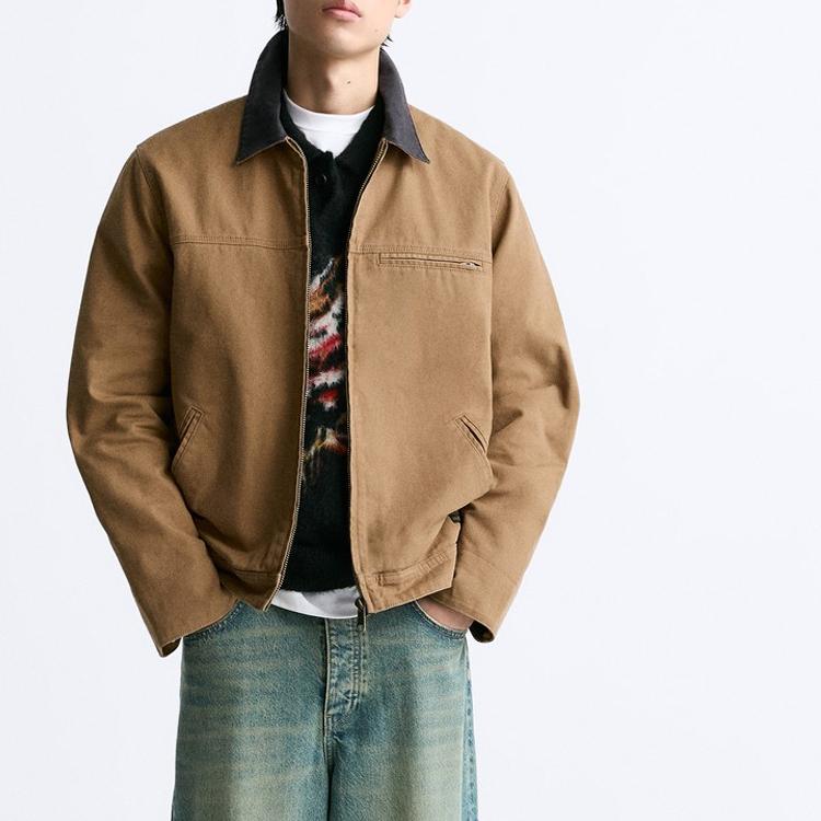 Zara Vintage Barn Style Zipper Casual American Retro Detroit Jacket Men Jackets Khaki 01538369707-36