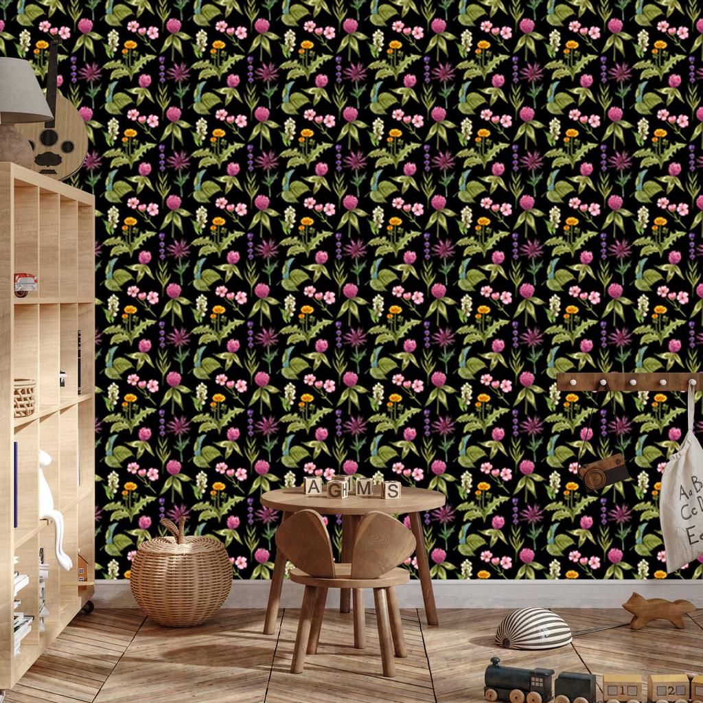 Wallpaper Flowers Black and Yellow for Living Room and Bedroom 50x1000
