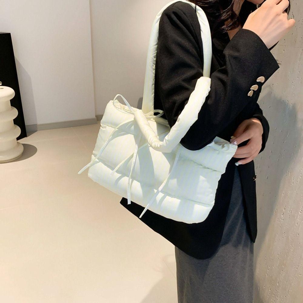 

Large Capacity Space Cotton Tote Bag Korean Style Nylon Bow Handbag Office Worker синий