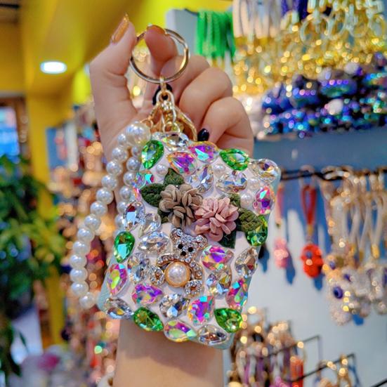 מחזיק מפתחות מראה עם אבני חן Bling מראה איפור מתקפלת תליון למחזיק מפתחות צמיד חרוזים לתיק מפתחות רכב ארנק תיק גב אביזרים