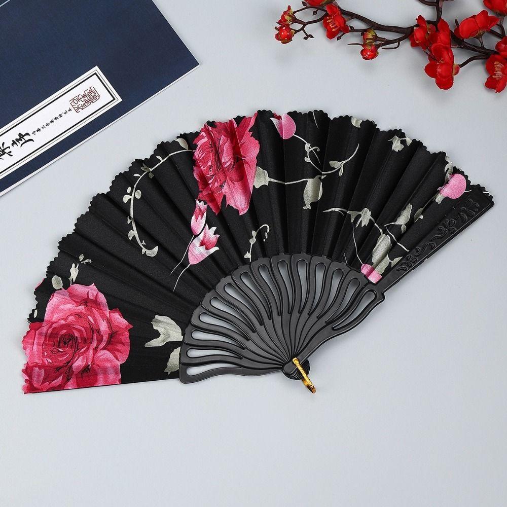 Plastic Rod Folding Fan Hollow Dance Fan Portable Flower Handheld Fan  Woman