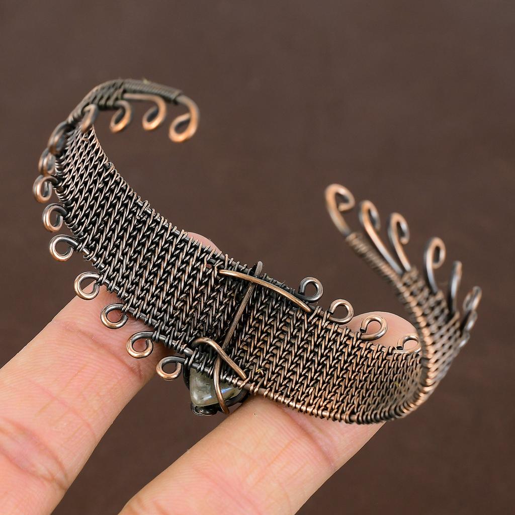 Natural Rainbow Moonstone Handmade Copper Wire Wrap Bangle Adjustable v4B00