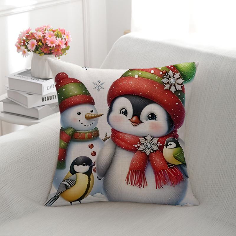 Christmas Style Linen Christmas Penguin Decoration Sofa Backrest Double-sided Printed Pillowcase Home Cushion Cover