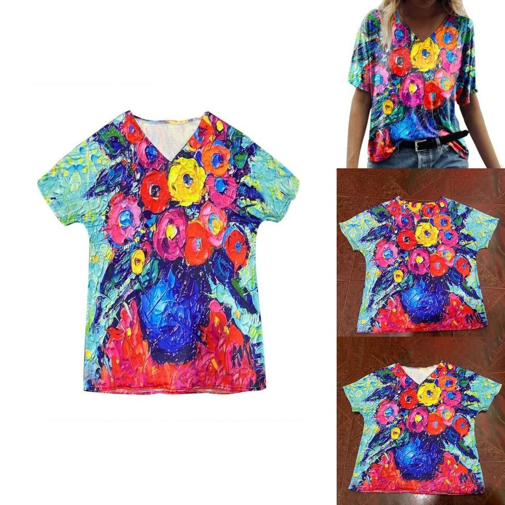 Summer Casual T Shirt With Floral Print And V Neck For Women