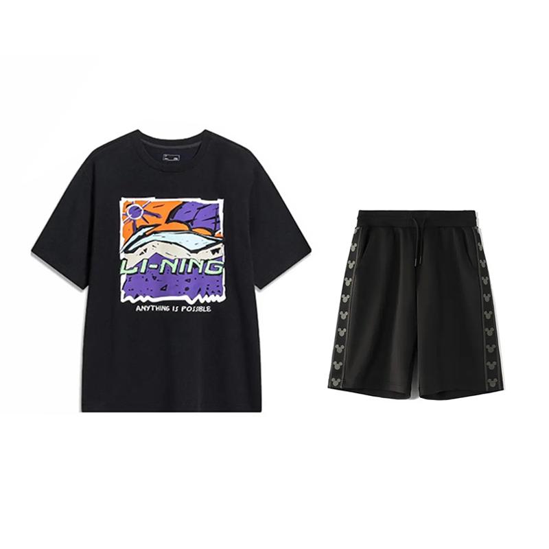 

Li-Ning Cartoon Print Round Neck Short Sleeve T-Shirt And Solid Color Comfortable Mid Waist Shorts Casual Sports Set Unisex sets AHST543-2+YKSV129-2 M