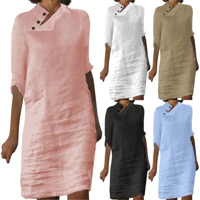 Ladies Summer Solid Color Button Cotton Linen Solid Medium Sleeve Dress   Dress Solid Color Summer Loose Casual Dress
