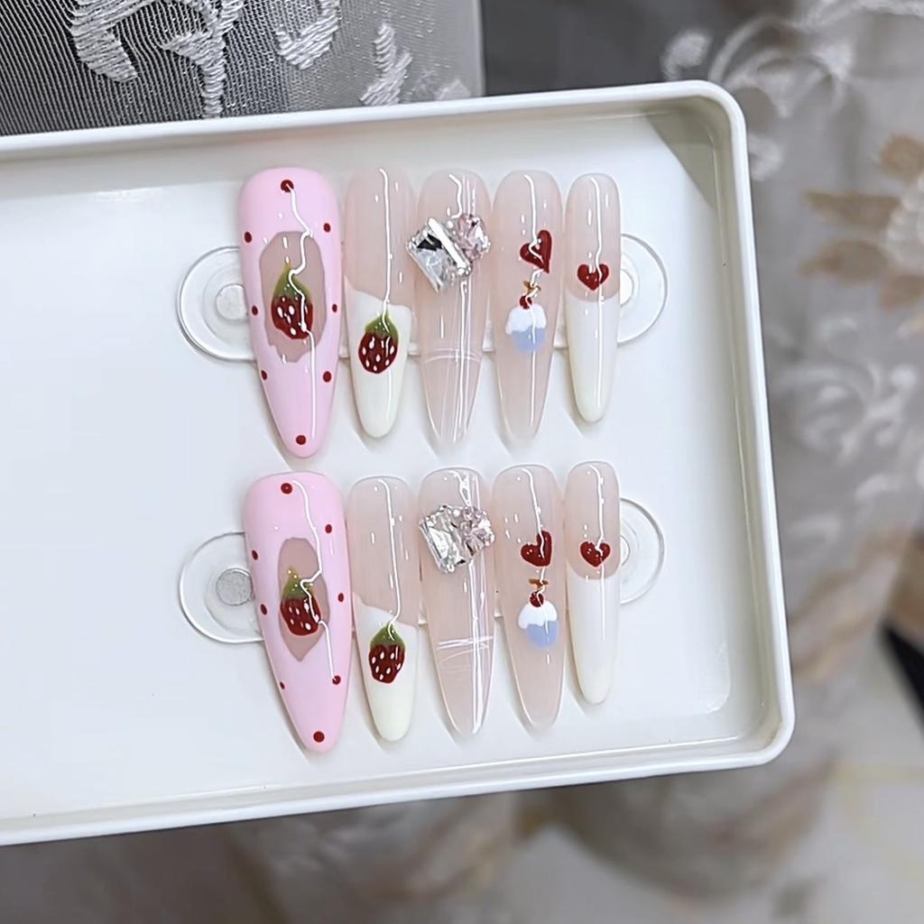 Handmade Phototherapy Wear Strawberry Jam Long Thin Dog Cat Eyes Pure French Finished Manicure Stickers