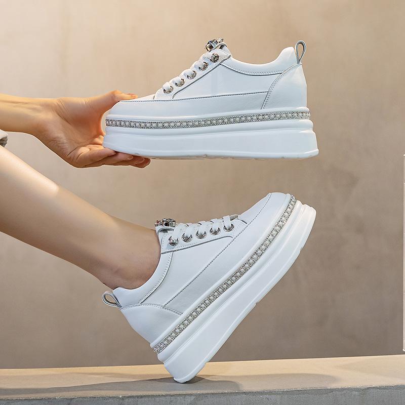 Fujin Baskets compensées en cuir véritable de vache pour femme, chaussures de sport épaisses, respirantes, vulcanisées et confortables, collection printemps-été-automne, 6 cm