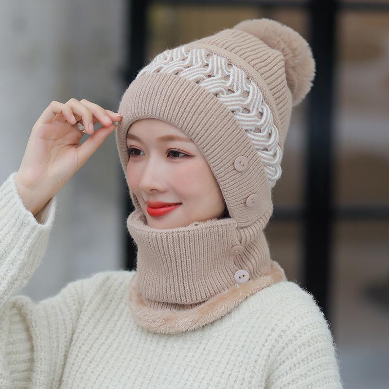 One-piece hat women's hollow knitted plush wool one-piece hat outdoor cycling cold protection ear protection winter