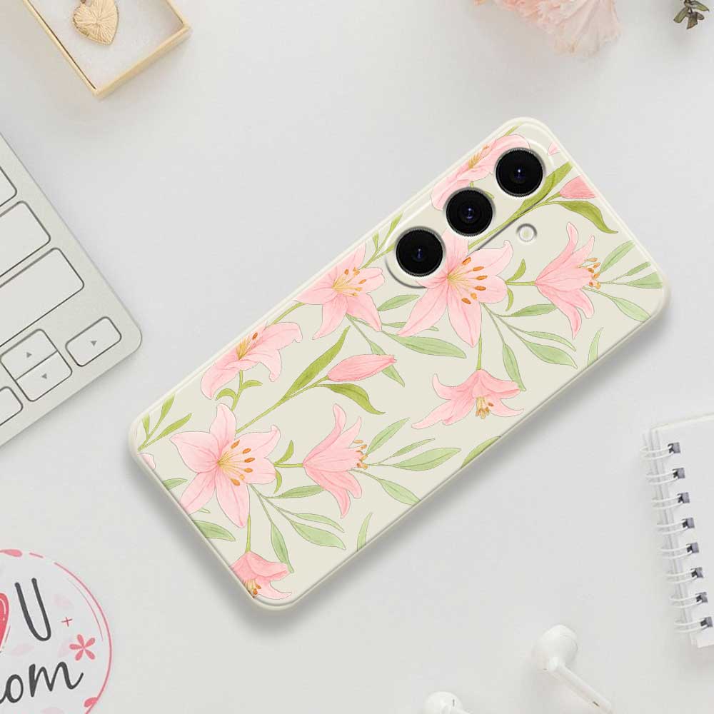For Samsung Galaxy S25 FE Case Pink Lilies Pattern Printing Straight Edge TPU Phone Back Cover